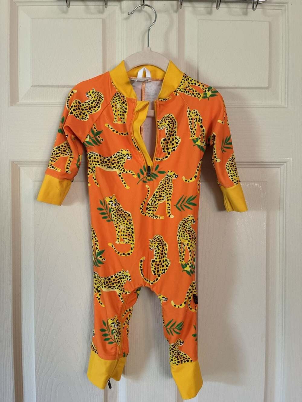Honeysuckle Swim Company Orange Leopard Print Long Sleeve Swim Romper